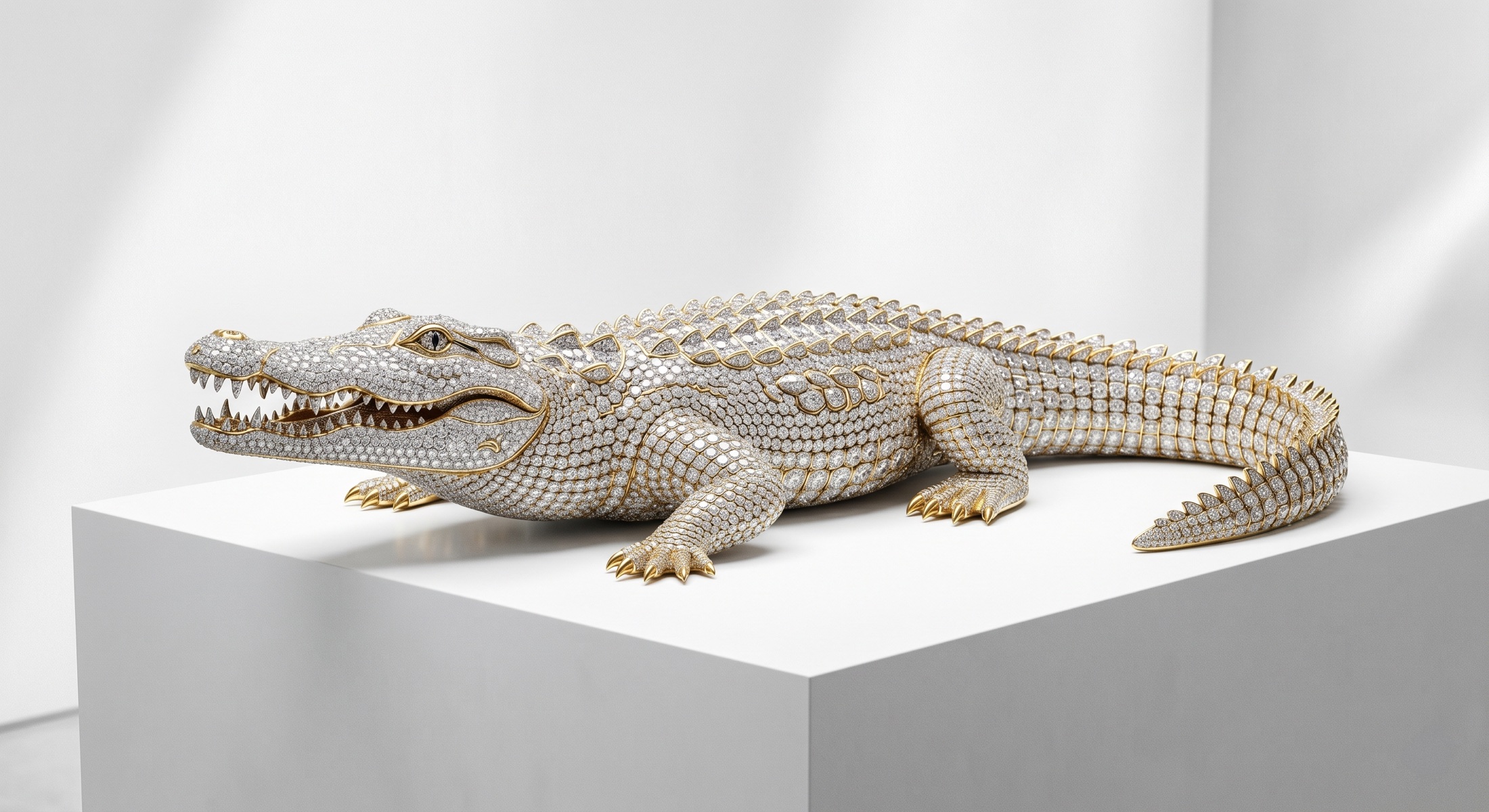 Iced Croc — diamond-encrusted crocodile sculpture on a museum pedestal